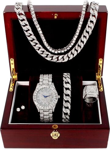 قرص ملون بإطار بيج روكس للرجال مع أرقام رومانية، سوار سلسلة كوبية، قلادة كوبية، سلسلة تنس وخاتم - ST10327CRNT in Kuwait