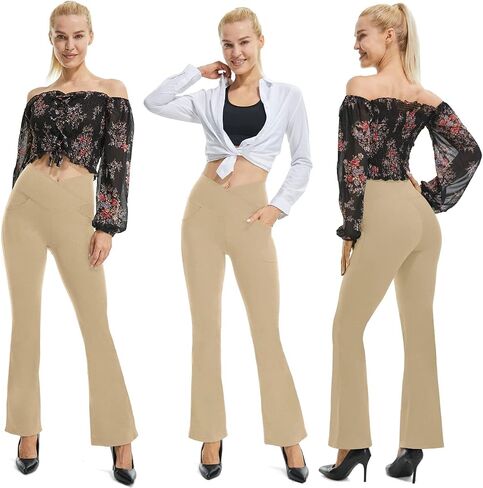 TOPYOGAS Womens Casual Flare Leggings with Pocket Bootleg Yoga Pants Crossover Hight Waisted Workout Pants in Kuwait