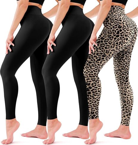 3 قطع من السراويل الضيقة للسيدات - سراويل يوجا عالية الخصر للتحكم في البطن بدون رؤية من خلالها، سراويل يوجا للتمرين والجري in Kuwait