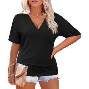 IN'VOLAND Womens Plus Size Tops V Neck Wrap Short Sleeve Shirts Casual Loose Dolman Top Tunic Blouses
