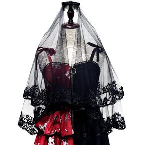 HAOZAIKEJI Floral Black Veil Gothic Bridal Headwear 2 Tier Lace Mantilla with Comb for Women Halloween Witch Zombie Queen Headpiece