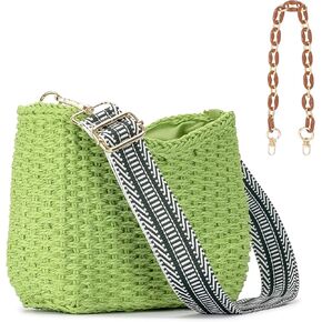 Herald Small Handmade Straw Pocketbook Crossbody Bag for Women, Summer Chic Woven Handbag Shoulder Purse with Chain