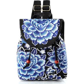 Jursccu Embroidery Backpack Purse for Women Vintage Handbag Small Drawstring Casual Travel Shoulder Bag Daypack Pink Blue Flowers