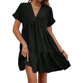 WDIRARA Women's Roll Up Short Sleeve V Neck Ruffle Hem Solid Swing Smock Dress in Kuwait