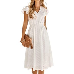 Women's Casual Loose Summer Dresses Solid Color Midi Length Ruffled Short Sleeve V Neck Sundress Button Up