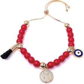LESLIE BOULES Saint Benedict Red Glass Beads Bracelet Genuine Azabache and Blue Evil Eye Handmade Jewelry in Kuwait