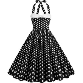 Women Vintage 1950s Retro Polka Dot Swing Dress Sleeveless Backless Halter Neck