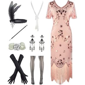 YENMILL Women's 1920s Sequins Flapper Gatsby Cocktail Dress with 20s Headband Accessories Set