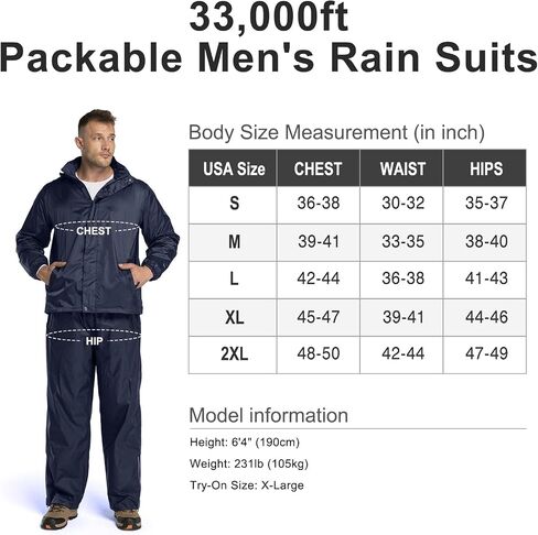 33,000ft Mens Rain Suit with Hideaway Hood Waterproof Rain Gear (Jackets and Pants) in Saudi Arabia