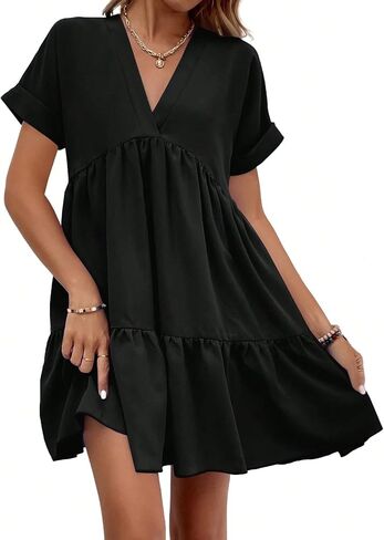 WDIRARA Women's Roll Up Short Sleeve V Neck Ruffle Hem Solid Swing Smock Dress in Kuwait