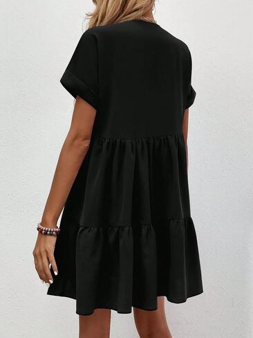 WDIRARA Women's Roll Up Short Sleeve V Neck Ruffle Hem Solid Swing Smock Dress in Kuwait
