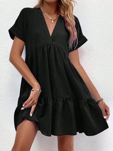 WDIRARA Women's Roll Up Short Sleeve V Neck Ruffle Hem Solid Swing Smock Dress in Kuwait