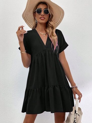 WDIRARA Women's Roll Up Short Sleeve V Neck Ruffle Hem Solid Swing Smock Dress in Kuwait