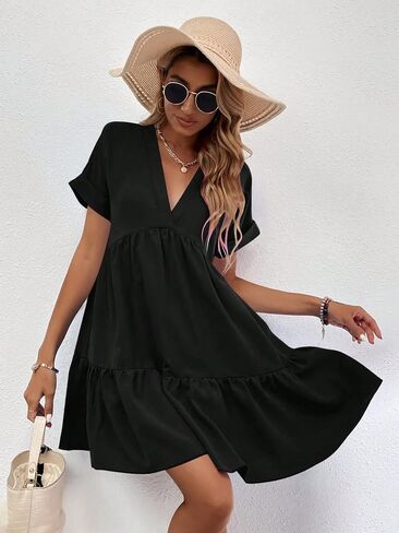 WDIRARA Women's Roll Up Short Sleeve V Neck Ruffle Hem Solid Swing Smock Dress in Kuwait