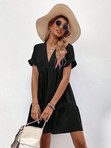 WDIRARA Women's Roll Up Short Sleeve V Neck Ruffle Hem Solid Swing Smock Dress in Kuwait