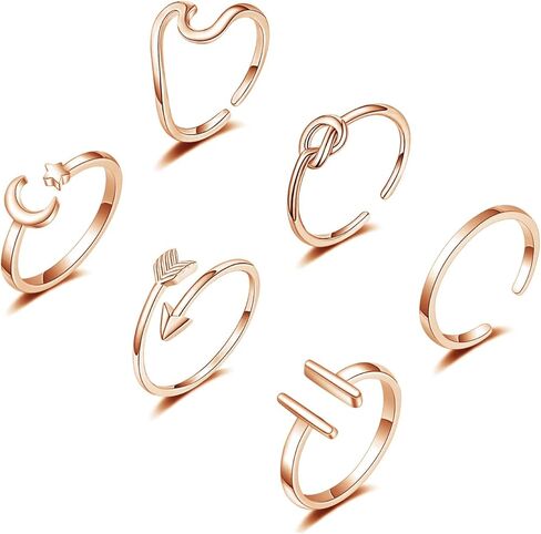 honsny 6 قطع حلقات قابلة للتعديل للنساء، 14 كيلو الذهب والفضة خواتم الاصبع قابلة للتكديس حزمة السهم عقدة حلقات المفصل مفتوحة الفرقة رقيقة الإبهام مجموعة حلقة للنساء in Kuwait
