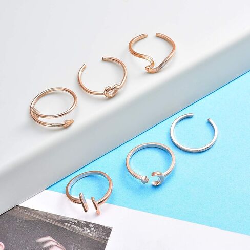 honsny 6 قطع حلقات قابلة للتعديل للنساء، 14 كيلو الذهب والفضة خواتم الاصبع قابلة للتكديس حزمة السهم عقدة حلقات المفصل مفتوحة الفرقة رقيقة الإبهام مجموعة حلقة للنساء in Kuwait