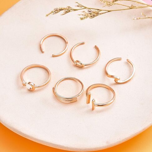 honsny 6 قطع حلقات قابلة للتعديل للنساء، 14 كيلو الذهب والفضة خواتم الاصبع قابلة للتكديس حزمة السهم عقدة حلقات المفصل مفتوحة الفرقة رقيقة الإبهام مجموعة حلقة للنساء in Kuwait