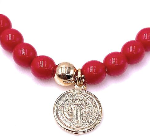 LESLIE BOULES Saint Benedict Red Glass Beads Bracelet Genuine Azabache and Blue Evil Eye Handmade Jewelry in Kuwait