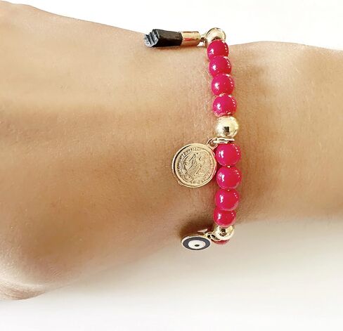 LESLIE BOULES Saint Benedict Red Glass Beads Bracelet Genuine Azabache and Blue Evil Eye Handmade Jewelry in Kuwait