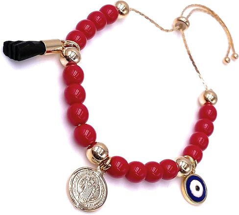 LESLIE BOULES Saint Benedict Red Glass Beads Bracelet Genuine Azabache and Blue Evil Eye Handmade Jewelry in Kuwait
