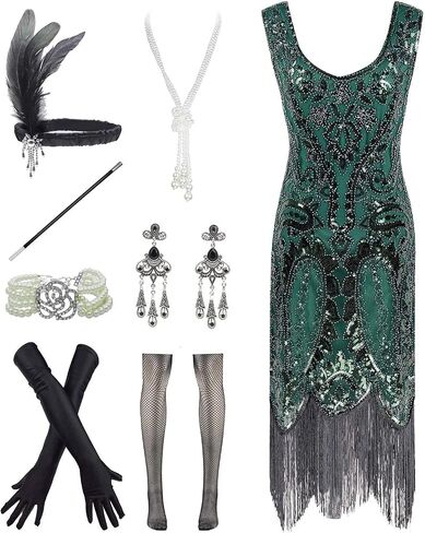 YENMILL Women's 1920s Sequins Flapper Gatsby Cocktail Dress with 20s Headband Accessories Set in Kuwait