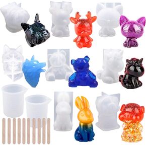 EuTengHao 20Pcs 3D Animal Resin Molds Tools Set Includes 8 Resin Casting Molds Large Clear Unicorn Epoxy Silicone Molds 2 Measurement Cup 10 Wood Sticks for Resin Craft DIY in Kuwait