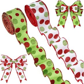2 Rolls 20 Yards Christmas Green Red Dot Ribbons Glitter Dot Christmas Ribbon Wired Polka Dot Ribbon Xmas Decorative Burlap Decorative Ribbons for DIY Craft Bows (1.5 Inch)