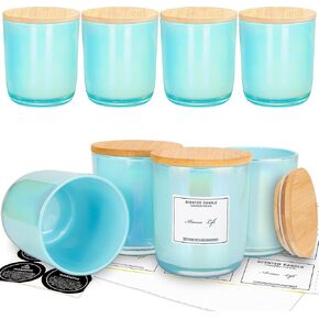 8 Pack, 10oz Iridescent Candle Glass Jars for Making Candles, Thickened Candle Containers with Bamboo Lids and Sticky Labels, Bulk Candle Vessels for Hand Candle Making DIY Craft(Aqua Iridescent) in Kuwait