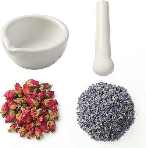 مجموعة مطحنة أعشاب السيراميك، مطحنة حبوب منع الحمل، ملاط ​​ومدقة من البورسلين تستخدم لطحن الزهور المجففة، براعم الورد، الخزامى والأعشاب. in Kuwait