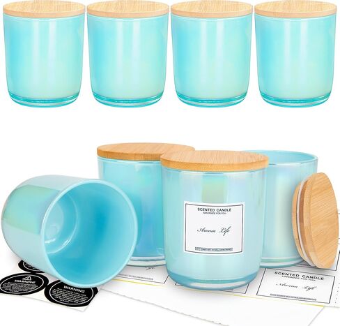 8 Pack, 10oz Iridescent Candle Glass Jars for Making Candles, Thickened Candle Containers with Bamboo Lids and Sticky Labels, Bulk Candle Vessels for Hand Candle Making DIY Craft(Aqua Iridescent) in Kuwait