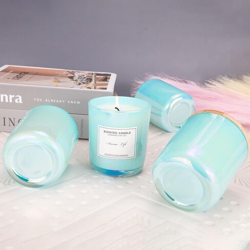 8 Pack, 10oz Iridescent Candle Glass Jars for Making Candles, Thickened Candle Containers with Bamboo Lids and Sticky Labels, Bulk Candle Vessels for Hand Candle Making DIY Craft(Aqua Iridescent) in Kuwait