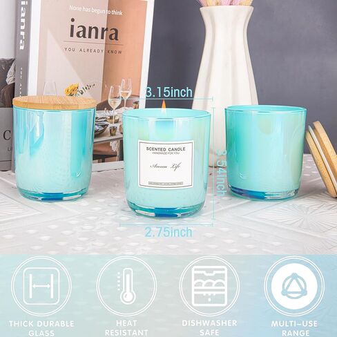 8 Pack, 10oz Iridescent Candle Glass Jars for Making Candles, Thickened Candle Containers with Bamboo Lids and Sticky Labels, Bulk Candle Vessels for Hand Candle Making DIY Craft(Aqua Iridescent) in Kuwait
