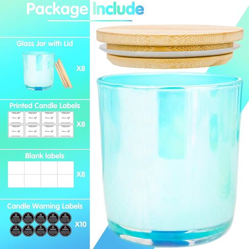 8 Pack, 10oz Iridescent Candle Glass Jars for Making Candles, Thickened Candle Containers with Bamboo Lids and Sticky Labels, Bulk Candle Vessels for Hand Candle Making DIY Craft(Aqua Iridescent) in Kuwait