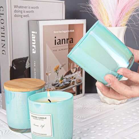 8 Pack, 10oz Iridescent Candle Glass Jars for Making Candles, Thickened Candle Containers with Bamboo Lids and Sticky Labels, Bulk Candle Vessels for Hand Candle Making DIY Craft(Aqua Iridescent) in Kuwait