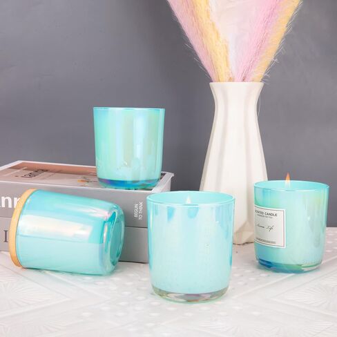 8 Pack, 10oz Iridescent Candle Glass Jars for Making Candles, Thickened Candle Containers with Bamboo Lids and Sticky Labels, Bulk Candle Vessels for Hand Candle Making DIY Craft(Aqua Iridescent) in Kuwait