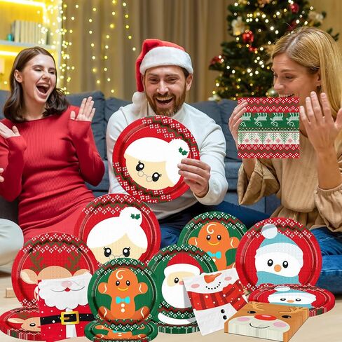 Christmas Ugly Sweater Party Decorations-90PCS Christmas Tableware Ugly Sweater Plates and Napkins Winter Christmas Party Theme With Santa Claus and Reindeer Tableware Set for Christmas Party Supplies in Kuwait