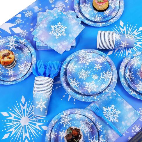 durony 145 Pieces Frozen Birthday Party Supplies Disposable Tableware Winter Snowflake Paper Plates Napkins Cups Forks Tablecloth for Christmas Winter Wonderland Frozen Party Decorations in Kuwait