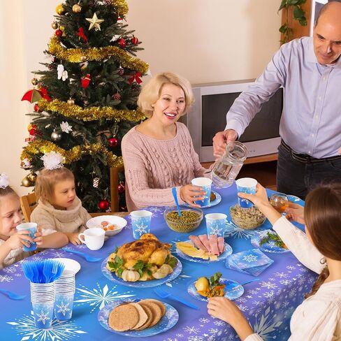 durony 145 Pieces Frozen Birthday Party Supplies Disposable Tableware Winter Snowflake Paper Plates Napkins Cups Forks Tablecloth for Christmas Winter Wonderland Frozen Party Decorations in Kuwait