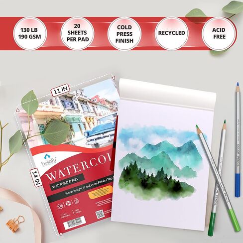 Bellofy Large Watercolor Paper Pad in Set of 2 | 11x14 in Academy Watercolor Paper Kids, Artists & Beginners Enjoy | Watercolor Notebook for All Watercoloring Techniques in Kuwait