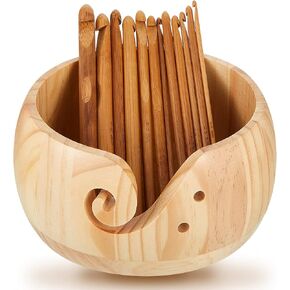 Wooden Yarn Bowl Crocheting Round Knitting Wool Storage Yarn Bowl Handmade with Holes 12 Pieces Crochet Hooks for Knitting DIY Crafts Tools(6 x 6 x 3 Inch,Dark Brown) in Kuwait