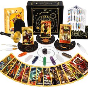 CASSAIO 78 بطاقة التارو مع كتاب دليل، مجموعة بطاقات التارو، سطح التارو الذهبي مع حامل بطاقة التارو، حقيبة التارو، قماش التارو، أحجار شقرا، سطح التارو مقاوم للماء للمبتدئين واللاعبين الخبراء مع صندوق in Kuwait