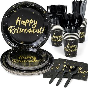 Decorlife Retirement Plates and Napkins Sets Serves 16 with Fringe Curtains, Happy Retirement Decorations, Paper Plates Set, Happy Retirement Banner, Balloons, Total 136 PCS in Saudi Arabia