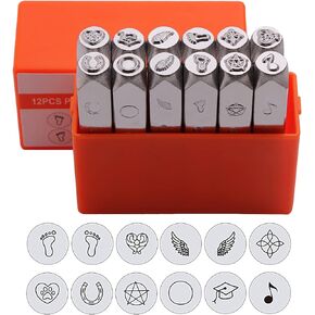 SEEKQUA 12PACK Design Stamps, 6mm 1/4 "Metal Punch Stamp. Punching Tool Box, electroplated Hard Carbon Steel Tool, Used for Metal Jewelry, Leather and Wood Printing. (Graphics Theme) in Kuwait