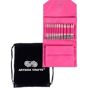 Lykke Blush 5-Inch (13cm) Interchangeable Circular Knitting Needle Set Birchwood US Sizes 4, 5, 6, 7, 8, 9, 10, 10.5, 11, 13, 15, & 17 Includes Fuchsia Case Bundle with Artsiga Crafts Project Bag