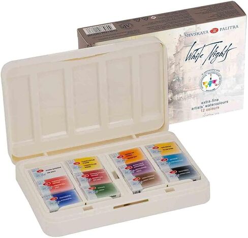 مجموعة ألوان مائية للفنانين من White Nights مكونة من 12 مقلاة كاملة سعة 2.5 مل، صندوق بلاستيكي IWS، نظام ألوان فريد وتصميم من تصميم Nevskaya Palitra in Kuwait