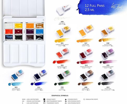 مجموعة ألوان مائية للفنانين من White Nights مكونة من 12 مقلاة كاملة سعة 2.5 مل، صندوق بلاستيكي IWS، نظام ألوان فريد وتصميم من تصميم Nevskaya Palitra in Kuwait