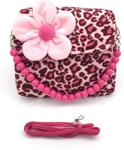 (الفهد الوردي) - مجموعة حقيبة يد للفتيات الصغيرة من Elesa Miracle حقيبة يد من القطيفة للأطفال + حلقات على شكل زهرة بمشبك على شكل زهرة ومشابك للشعر وربطات الشعر + مجموعة قلادة وسوار (فهد وردي) in Kuwait