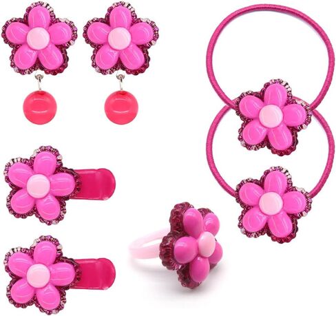 (الفهد الوردي) - مجموعة حقيبة يد للفتيات الصغيرة من Elesa Miracle حقيبة يد من القطيفة للأطفال + حلقات على شكل زهرة بمشبك على شكل زهرة ومشابك للشعر وربطات الشعر + مجموعة قلادة وسوار (فهد وردي) in Kuwait
