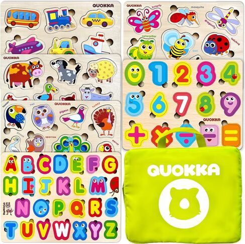 Wooden Puzzles for Toddlers 1-3 - 6 Alphabet Toddler Puzzles 3-5 Years Old with Rack by QUOKKA - Gift ABC Educational Toys for Boys and Girls - Wood Games for Children's Learning 2-4 in Kuwait